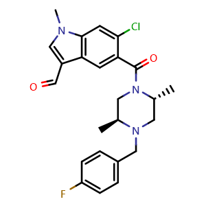 Chemical structure of 6-Chloro-5-((2R,5S)-4-(4-fluorobenzyl)-2,5-dimethylpiperazine-1-carbonyl)-1-methyl-1H-indole-3-carbaldehyde , AChemBlock AD269556