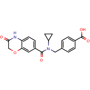 Chemical structure of 4-((N-Cyclopropyl-3-oxo-3,4-dihydro-2H-benzo[b][1,4]oxazine-7-carboxamido)methyl)benzoic acid , CAS 2929305-23-5, AChemBlock AD269557