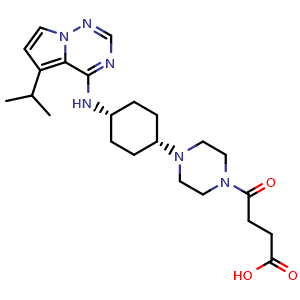 Chemical structure of 4-(4-((1S,4S)-4-((5-Isopropylpyrrolo[2,1-f][1,2,4]triazin-4-yl)amino)cyclohexyl)piperazin-1-yl)-4-oxobutanoic acid , CAS 2712600-08-1, AChemBlock AD269586