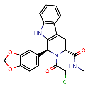 Chemical structure of (1S,3R)-1-(Benzo[d][1,3]dioxol-5-yl)-2-(2-chloroacetyl)-N-methyl-2,3,4,9-tetrahydro-1H-pyrido[3,4-b]indole-3-carboxamide , CAS 951661-84-0, AChemBlock AD269598