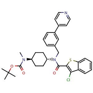Chemical structure of 1,1-Dimethylethyl N-[trans-4-[[(3-chlorobenzo[b]thien-2-yl)carbonyl][[3-(4-pyridinyl)phenyl]methyl]amino]cyclohexyl]-N-methylcarbamate , CAS 1060978-44-0, AChemBlock AD269622