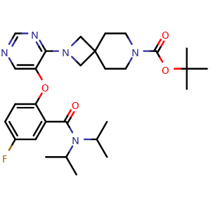 Chemical structure of tert-Butyl 2-(5-(2-(diisopropylcarbamoyl)-4-fluorophenoxy)pyrimidin-4-yl)-2,7-diazaspiro[3.5]nonane-7-carboxylate , CAS 2169920-38-9, AChemBlock AD269623