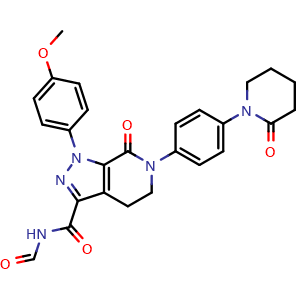 Chemical structure of N-Formyl-1-(4-methoxyphenyl)-7-oxo-6-(4-(2-oxopiperidin-1-yl)phenyl)-4,5,6,7-tetrahydro-1H-pyrazolo[3,4-c]pyridine-3-carboxamide , CAS 1351611-14-7, AChemBlock AD269624