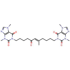 Chemical structure of (E)-1,1'-(5-Methyl-7-oxoundec-5-ene-1,11-diyl)bis(3,7-dimethyl-1H-purine-2,6(3H,7H)-dione) , CAS 874747-30-5, AChemBlock AD269626