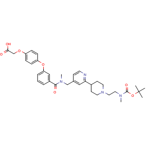 Chemical structure of 2-(4-(3-(((2-(1-(2-((tert-Butoxycarbonyl)(methyl)amino)ethyl)piperidin-4-yl)pyridin-4-yl)methyl)(methyl)carbamoyl)phenoxy)phenoxy)acetic acid , AChemBlock AD269635