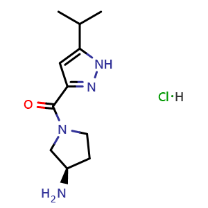 Chemical structure of (R)-(3-Aminopyrrolidin-1-yl)(5-isopropyl-1H-pyrazol-3-yl)methanone hydrochloride , CAS 1586573-85-4, AChemBlock AD269638