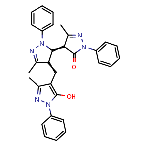 Chemical structure of 4-((5-Hydroxy-3-methyl-1-phenyl-1H-pyrazol-4-yl)methylene)-5,5'-dimethyl-2,2'-diphenyl-2,4-dihydro-[3,4'-bipyrazolylidene]-3'(2'H)-one , CAS 96415-61-1, AChemBlock AD269642