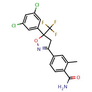 Chemical structure of 4-(5-(3,5-Dichlorophenyl)-5-(trifluoromethyl)-4,5-dihydroisoxazol-3-yl)-2-methylbenzamide , CAS 864730-52-9, AChemBlock AD269646