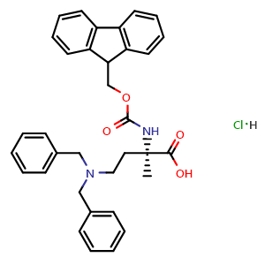 Chemical structure of (R)-2-((((9H-Fluoren-9-yl)methoxy)carbonyl)amino)-4-(dibenzylamino)-2-methylbutanoic acid hydrochloride , AChemBlock AD269662