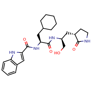 Chemical structure of N-((S)-3-Cyclohexyl-1-(((S)-1-hydroxy-3-((S)-2-oxopyrrolidin-3-yl)propan-2-yl)amino)-1-oxopropan-2-yl)-1H-indole-2-carboxamide , CAS 2410078-04-3, AChemBlock AD269667