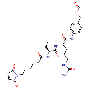 Chemical structure of 4-((S)-2-((S)-2-(6-(2,5-Dioxo-2,5-dihydro-1H-pyrrol-1-yl)hexanamido)-3-methylbutanamido)-5-ureidopentanamido)benzyl formate , CAS 2757241-17-9, AChemBlock AD269668