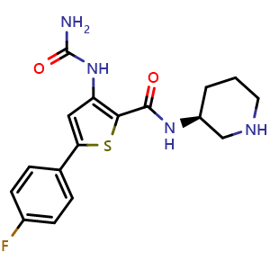 Chemical structure of (S)-5-(4-Fluorophenyl)-N-(piperidin-3-yl)-3-ureidothiophene-2-carboxamide , CAS 860352-99-4, AChemBlock AD269670