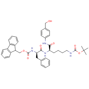 Chemical structure of (9H-Fluoren-9-yl)methyl ((R)-1-(((R)-6-((tert-butoxycarbonyl)amino)-1-((4-(hydroxymethyl)phenyl)amino)-1-oxohexan-2-yl)amino)-1-oxo-3-phenylpropan-2-yl)carbamate , AChemBlock AD269673