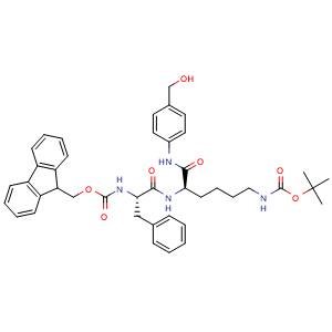Chemical structure of (9H-Fluoren-9-yl)methyl ((S)-1-(((R)-6-((tert-butoxycarbonyl)amino)-1-((4-(hydroxymethyl)phenyl)amino)-1-oxohexan-2-yl)amino)-1-oxo-3-phenylpropan-2-yl)carbamate , AChemBlock AD269674
