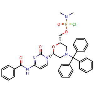 Chemical structure of ((2S,6R)-6-(4-Benzamido-2-oxopyrimidin-1(2H)-yl)-4-tritylmorpholin-2-yl)methyl dimethylphosphoramidochloridate , CAS 956139-21-2, AChemBlock AD269675