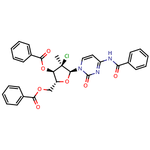 Chemical structure of (2R,3R,4R,5S)-5-(4-Benzamido-2-oxopyrimidin-1(2H)-yl)-2-((benzoyloxy)methyl)-4-chloro-4-methyltetrahydrofuran-3-yl benzoate , AChemBlock AD269676