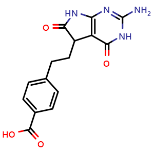 Chemical structure of 4-(2-(2-Amino-4,6-dioxo-4,5,6,7-tetrahydro-1H-pyrrolo[2,3-d]pyrimidin-5-yl)ethyl)benzoic acid , CAS 193265-47-3, AChemBlock AD269681