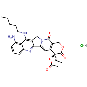 Chemical structure of (S)-10-Amino-4-ethyl-3,14-dioxo-11-(pentylamino)-3,4,12,14-tetrahydro-1H-pyrano[3',4':6,7]indolizino[1,2-b]quinolin-4-yl acetate hydrochloride , CAS 534605-70-4, AChemBlock AD269684