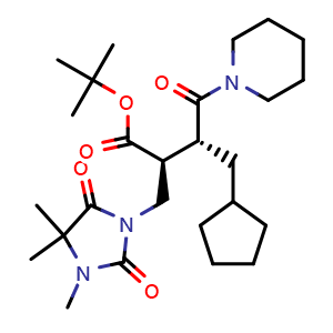 Chemical structure of (2S,3R)-tert-Butyl 3-(cyclopentylmethyl)-4-oxo-4-(piperidin-1-yl)-2-((3,4,4-trimethyl-2,5-dioxoimidazolidin-1-yl)methyl)butanoate , CAS 306273-04-1, AChemBlock AD269685