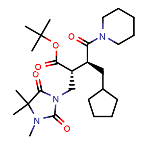 Chemical structure of (2R,3S)-tert-Butyl 3-(cyclopentylmethyl)-4-oxo-4-(piperidin-1-yl)-2-((3,4,4-trimethyl-2,5-dioxoimidazolidin-1-yl)methyl)butanoate , AChemBlock AD269686