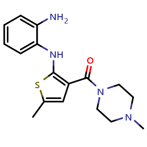 Chemical structure of [2-[(2-Aminophenyl)amino]-5-methyl-3-thienyl](4-methyl-1-piperazinyl)methanone , CAS 138564-61-1, AChemBlock AD269689