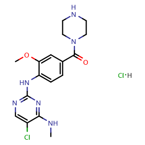 Chemical structure of (4-((5-Chloro-4-(methylamino)pyrimidin-2-yl)amino)-3-methoxyphenyl)(piperazin-1-yl)methanone hydrochloride , CAS 3011029-24-3, AChemBlock AD269691