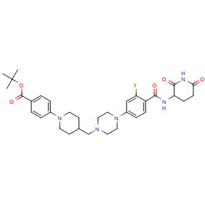 Chemical structure of tert-Butyl 4-(4-((4-(4-((2,6-dioxopiperidin-3-yl)carbamoyl)-3-fluorophenyl)piperazin-1-yl)methyl)piperidin-1-yl)benzoate , CAS 2657752-23-1, AChemBlock AD269697