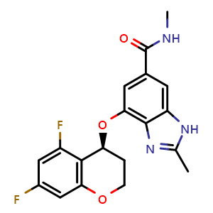 Chemical structure of (S)-4-((5,7-Difluorochroman-4-yl)oxy)-N,2-dimethyl-1H-benzo[d]imidazole-6-carboxamide , AChemBlock AD269701