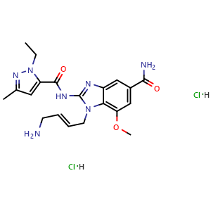 Chemical structure of (E)-1-(4-Aminobut-2-en-1-yl)-2-(1-ethyl-3-methyl-1H-pyrazole-5-carboxamido)-7-methoxy-1H-benzo[d]imidazole-5-carboxamide dihydrochloride , CAS 2137974-95-7, AChemBlock AD269715