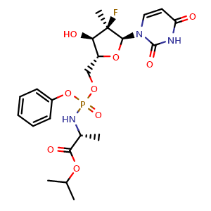 Chemical structure of (S)-Isopropyl 2-(((R)-(((2R,3R,4R,5S)-5-(2,4-dioxo-3,4-dihydropyrimidin-1(2H)-yl)-4-fluoro-3-hydroxy-4-methyltetrahydrofuran-2-yl)methoxy)(phenoxy)phosphoryl)amino)propanoate , AChemBlock AD269717