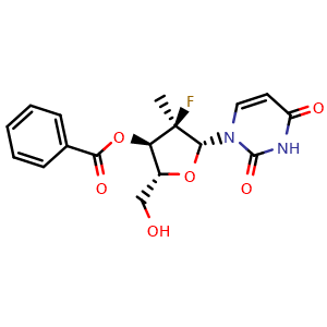 Chemical structure of (2R,3R,4R,5R)-5-(2,4-Dioxo-3,4-dihydropyrimidin-1(2H)-yl)-4-fluoro-2-(hydroxymethyl)-4-methyltetrahydrofuran-3-yl benzoate , AChemBlock AD269718