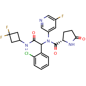 Chemical structure of (2S)-N-(1-(2-Chlorophenyl)-2-((3,3-difluorocyclobutyl)amino)-2-oxoethyl)-N-(5-fluoropyridin-3-yl)-5-oxopyrrolidine-2-carboxamide , CAS 2331111-68-1, AChemBlock AD269726