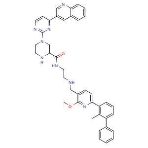 Chemical structure of N-(2-(((2-Methoxy-6-(2-methyl-[1,1'-biphenyl]-3-yl)pyridin-3-yl)methyl)amino)ethyl)-4-(4-(quinolin-3-yl)pyrimidin-2-yl)piperazine-2-carboxamide , CAS 3037676-78-8, AChemBlock AD269750
