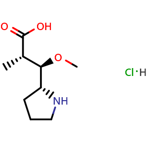 Chemical structure of (2S,3R)-3-Methoxy-2-methyl-3-((R)-pyrrolidin-2-yl)propanoic acid hydrochloride , AChemBlock AD269759
