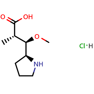 Chemical structure of (2S,3R)-3-Methoxy-2-methyl-3-((S)-pyrrolidin-2-yl)propanoic acid hydrochloride , AChemBlock AD269760