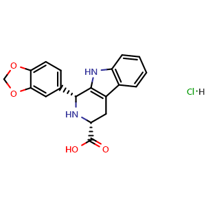Chemical structure of (1R,3R)-1-(Benzo[d][1,3]dioxol-5-yl)-2,3,4,9-tetrahydro-1H-pyrido[3,4-b]indole-3-carboxylic acid hydrochloride , CAS 474668-76-3, AChemBlock AD269767