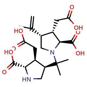 Chemical structure of (2S,3S,4S)-1-(2-((3R,4S,5S)-5-Carboxy-4-(carboxymethyl)pyrrolidin-3-yl)propan-2-yl)-3-(carboxymethyl)-4-(prop-1-en-2-yl)pyrrolidine-2-carboxylic acid , AChemBlock AD269770