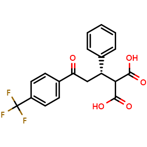 Chemical structure of (S)-2-(3-Oxo-1-phenyl-3-(4-(trifluoromethyl)phenyl)propyl)malonic acid , CAS 1410101-91-5, AChemBlock AD269787