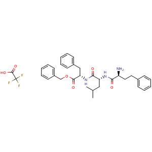 Chemical structure of (S)-Benzyl 2-((R)-2-((S)-2-amino-4-phenylbutanamido)-4-methylpentanamido)-3-phenylpropanoate 2,2,2-trifluoroacetate , AChemBlock AD269797