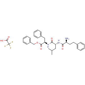 Chemical structure of (R)-Benzyl 2-((R)-2-((S)-2-amino-4-phenylbutanamido)-4-methylpentanamido)-3-phenylpropanoate 2,2,2-trifluoroacetate , AChemBlock AD269798