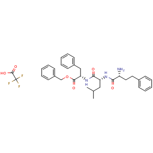 Chemical structure of (S)-Benzyl 2-((R)-2-((R)-2-amino-4-phenylbutanamido)-4-methylpentanamido)-3-phenylpropanoate 2,2,2-trifluoroacetate , AChemBlock AD269799