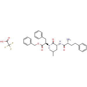 Chemical structure of (R)-Benzyl 2-((R)-2-((R)-2-amino-4-phenylbutanamido)-4-methylpentanamido)-3-phenylpropanoate 2,2,2-trifluoroacetate , AChemBlock AD269800