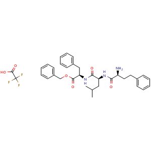 Chemical structure of (R)-Benzyl 2-((S)-2-((S)-2-amino-4-phenylbutanamido)-4-methylpentanamido)-3-phenylpropanoate 2,2,2-trifluoroacetate , AChemBlock AD269802
