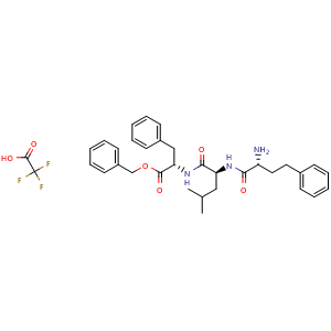Chemical structure of (S)-Benzyl 2-((S)-2-((R)-2-amino-4-phenylbutanamido)-4-methylpentanamido)-3-phenylpropanoate 2,2,2-trifluoroacetate , AChemBlock AD269803
