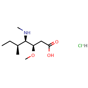 Chemical structure of (3R,4R,5S)-3-Methoxy-5-methyl-4-(methylamino)heptanoic acid hydrochloride , AChemBlock AD269811