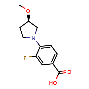 Chemical structure of (R)-3-Fluoro-4-(3-methoxypyrrolidin-1-yl)benzoic acid , CAS 2246697-57-2, AChemBlock AD269839