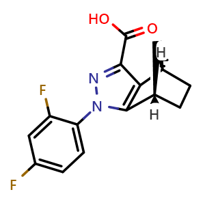 Chemical structure of (4R,7S)-1-(2,4-Difluorophenyl)-4,5,6,7-tetrahydro-1H-4,7-methanoindazole-3-carboxylic acid , AChemBlock AD269857