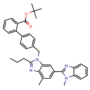 Chemical structure of tert-Butyl 4'-((1,7'-dimethyl-2'-propyl-1H,3'H-[2,5'-bibenzo[d]imidazol]-3'-yl)methyl)-[1,1'-biphenyl]-2-carboxylate , CAS 144702-26-1, AChemBlock AD269881