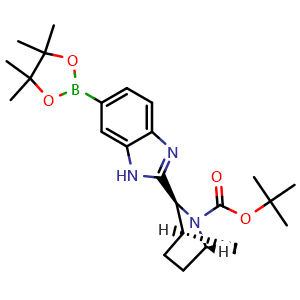 Chemical structure of (1S,3S,4R)-tert-Butyl 3-(6-(4,4,5,5-tetramethyl-1,3,2-dioxaborolan-2-yl)-1H-benzo[d]imidazol-2-yl)-2-azabicyclo[2.2.1]heptane-2-carboxylate , AChemBlock AD269885