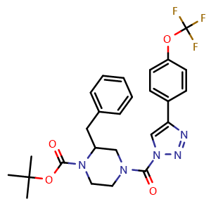 Chemical structure of tert-Butyl 2-benzyl-4-(4-(4-(trifluoromethoxy)phenyl)-1H-1,2,3-triazole-1-carbonyl)piperazine-1-carboxylate , AChemBlock AD269887